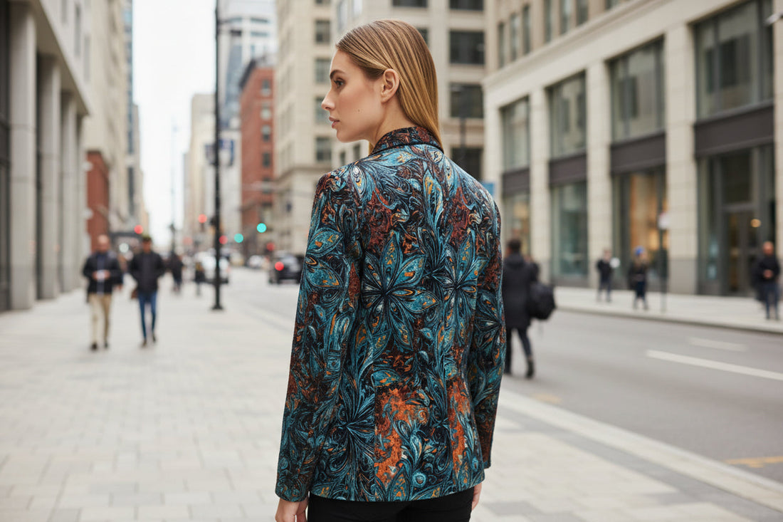 Women's Printed Velvet Blazer Autumn Winter Casual Commuter Jacket - Image 4