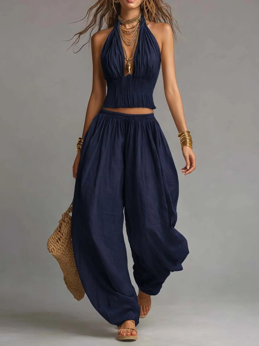 Women's Backless Halter Top & Wide-Leg Pants Set - Resort Wear