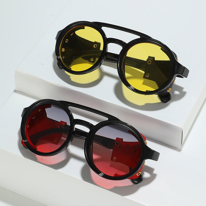 Unisex retro round sunglasses with textured leather frames in black, yellow, and red.