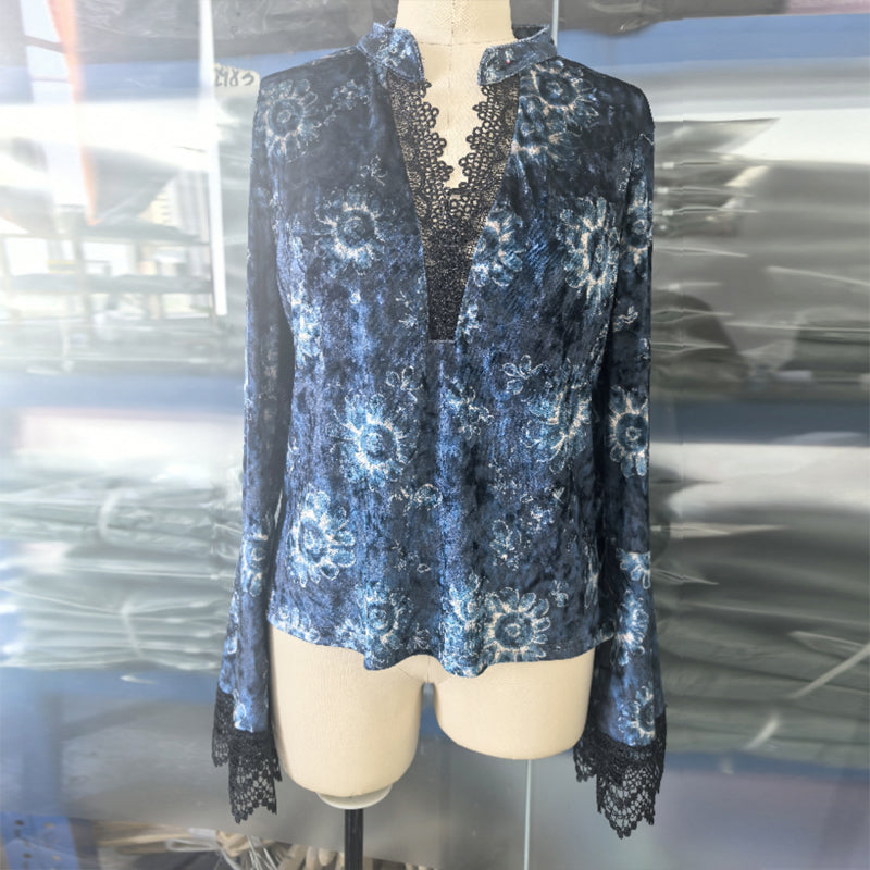 Women's Retro Floral Velvet V-Neck Blouse with Lace Bell Sleeves - Image 8