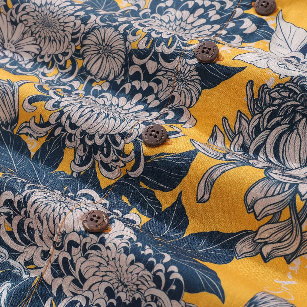 Yellow Japanese Chrysanthemum Floral Cotton Hawaiian Shirt