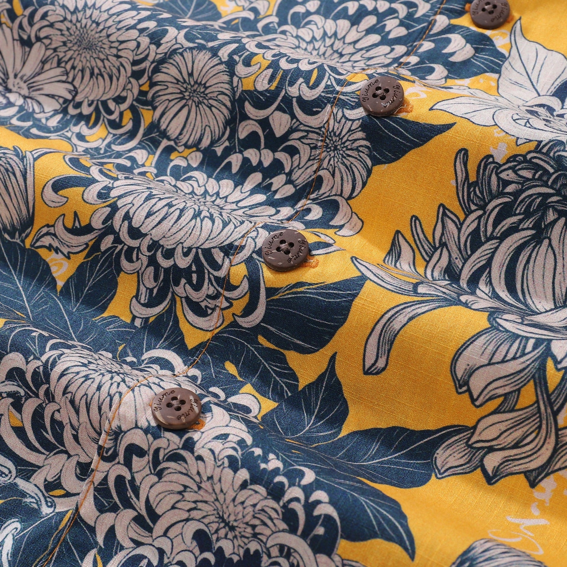 Yellow Japanese Chrysanthemum Floral Cotton Hawaiian Shirt