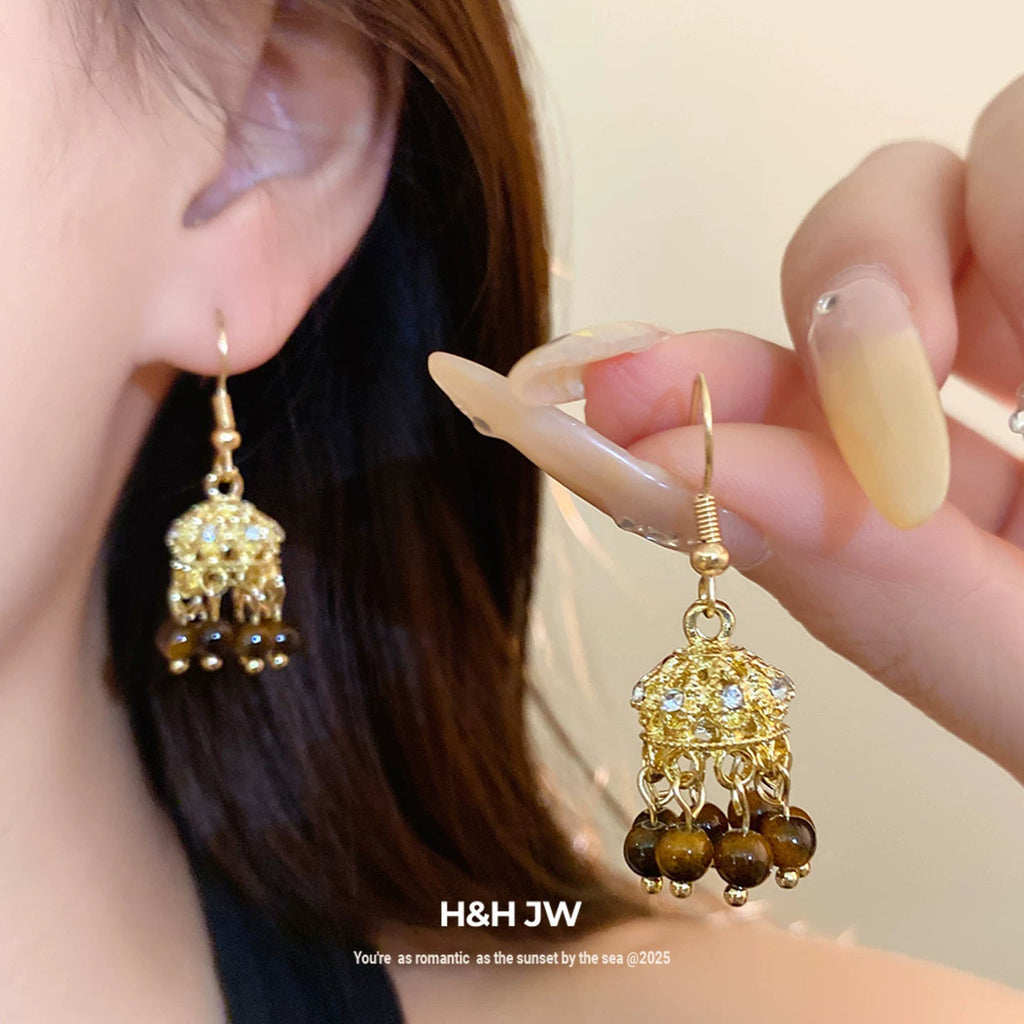 Womens Retro Ethnic Hollow Bell Tassel Stud Earrings,New Chinese Style Costume Earrings For Daily Party Wear