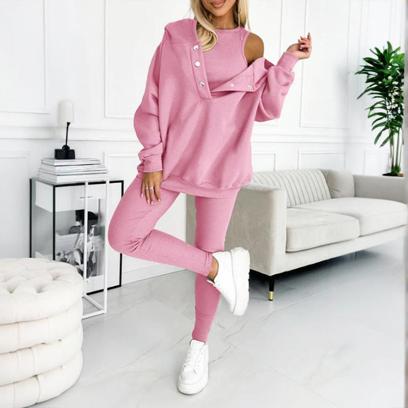 Women Solid Color Three Piece Set Hooded Sweatshirt Vest Pants - Image 5