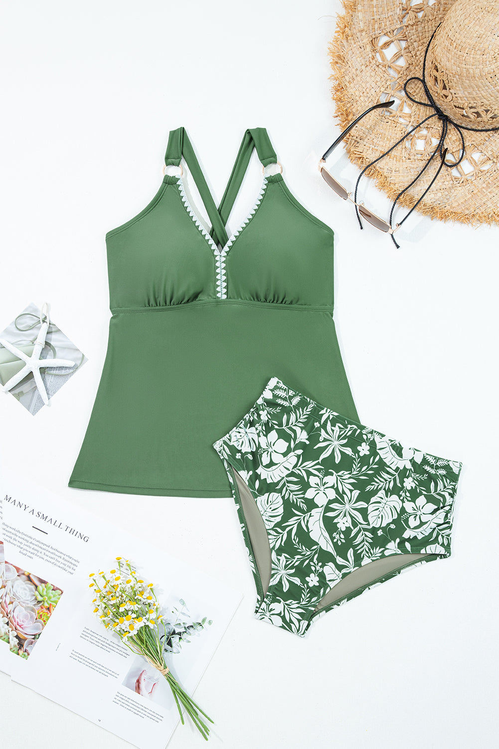 Floral V-Neck Tankini Set with O-Ring Knot Back & Swim Shorts