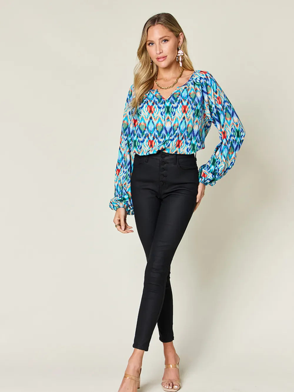 Printed Balloon Sleeve Blouse | Geometric V-Neck Chiffon Top