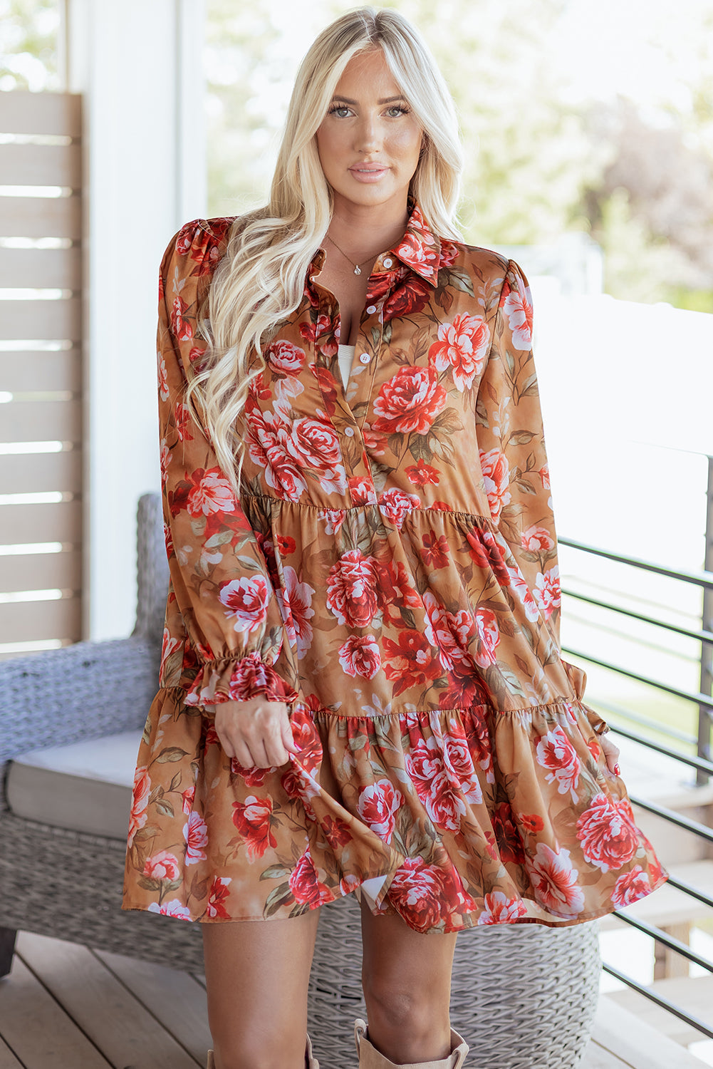 Floral Half-Button Long Sleeve Ruffle Mini Dress