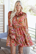 Floral Half-Button Long Sleeve Ruffle Mini Dress
