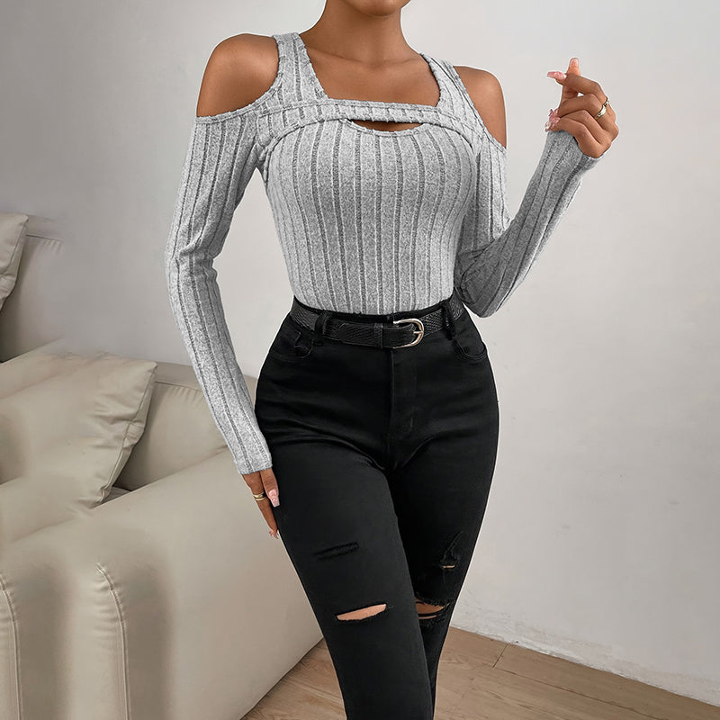 Women's Ribbed Long Sleeve Cold Shoulder Cut-Out Fitted Top - Image 2