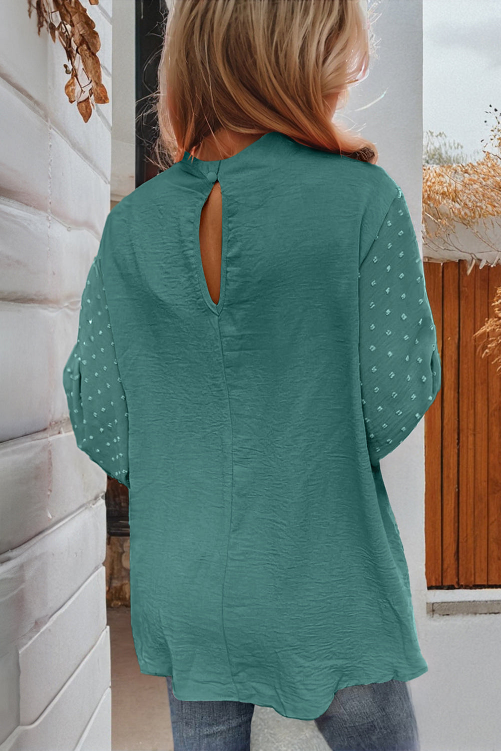 Solid Swiss Dot Balloon Sleeve Blouse