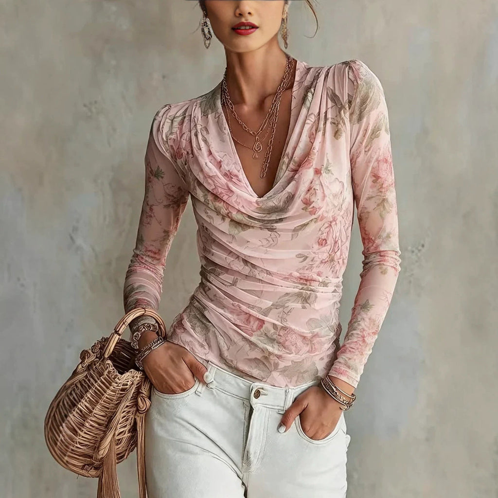 Floral Mesh Cowl Neck Ruched Long Sleeve Top