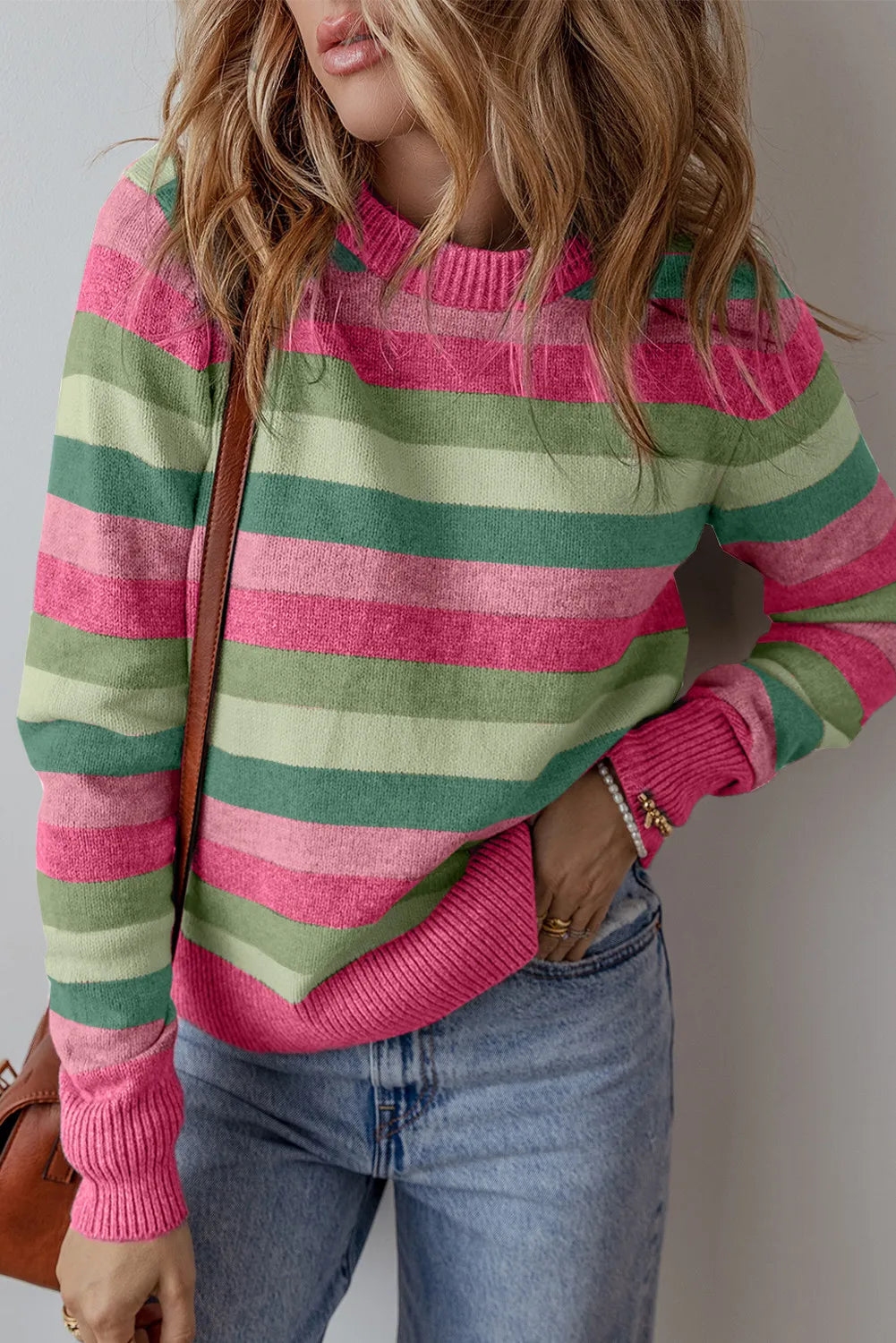 Women's Striped Round Neck Long Sleeve Knit Sweater Multicolor - Image 2