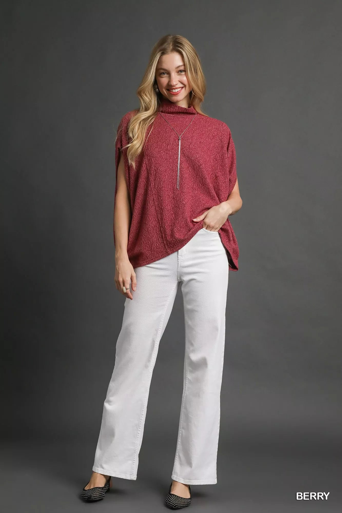 Textured Mock Neck Relaxed Top in Berry