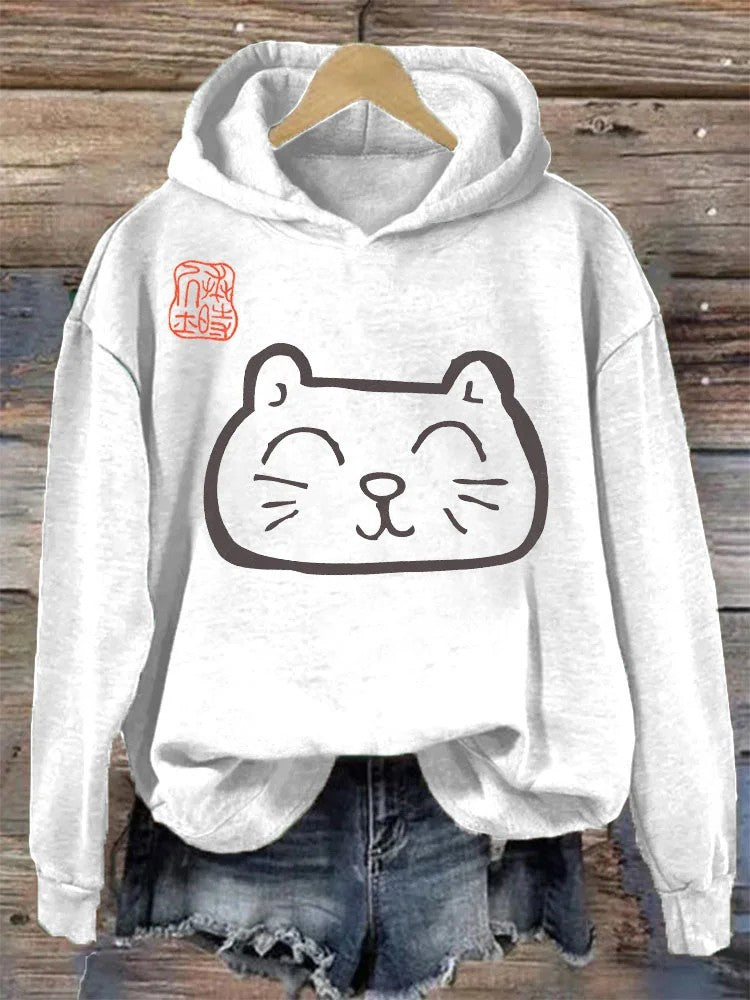 Women's Casual Graphic Hoodie Beige Cat Print Pullover Sweatshirt - Image 7
