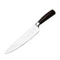Professional chef knife with Damascus pattern blade and dark-brown handle on a minimalist background