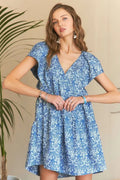 Blue and white floral print mini dress with ruffle sleeves