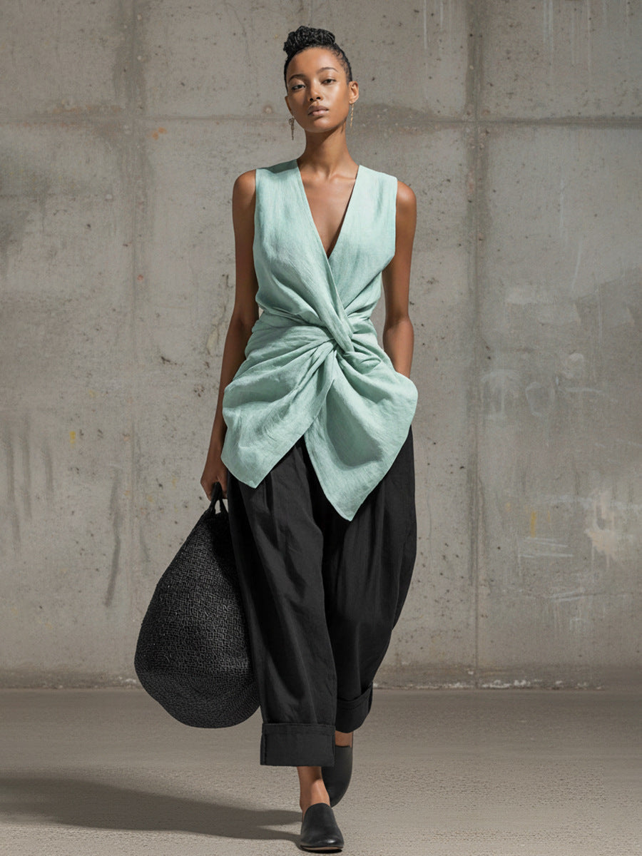 Women's Tie-Front V-Neck Sleeveless Top and Wide-Leg Pants Set - Image 8