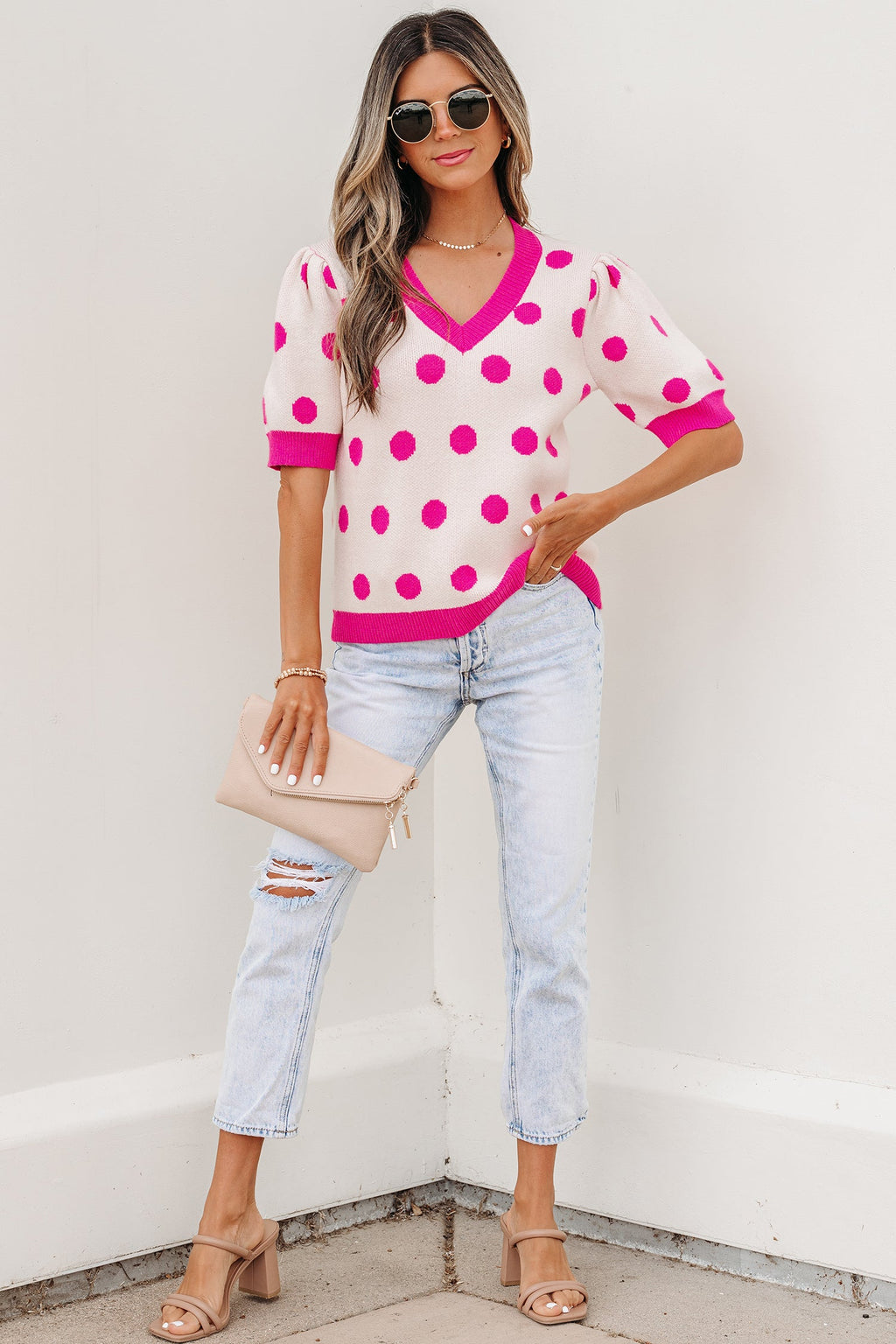 Alexia Puff Short Sleeve Sweater - Polka Dot V-Neck Knit Top