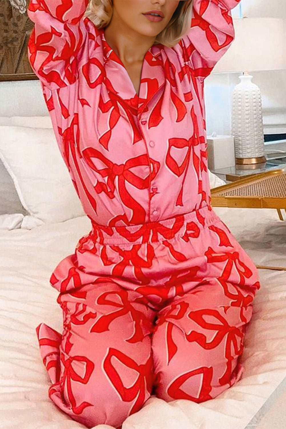 Pink Bow Print Shirt Style Long Sleeve 2pc Pajama Set
