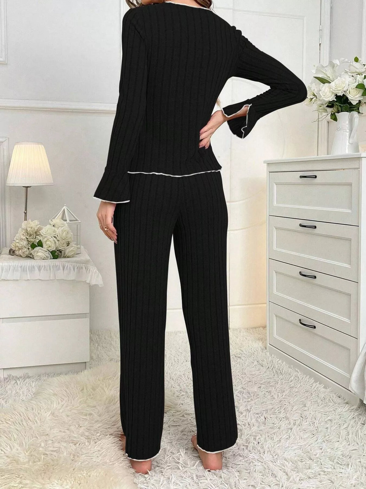Ribbed Bow Front Top and Pants Lounge Set