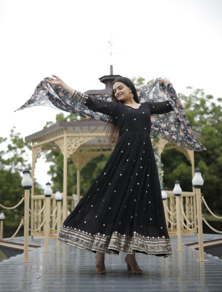 Black Faux Blooming Sequins Zari Embroidered Anarkali Dress