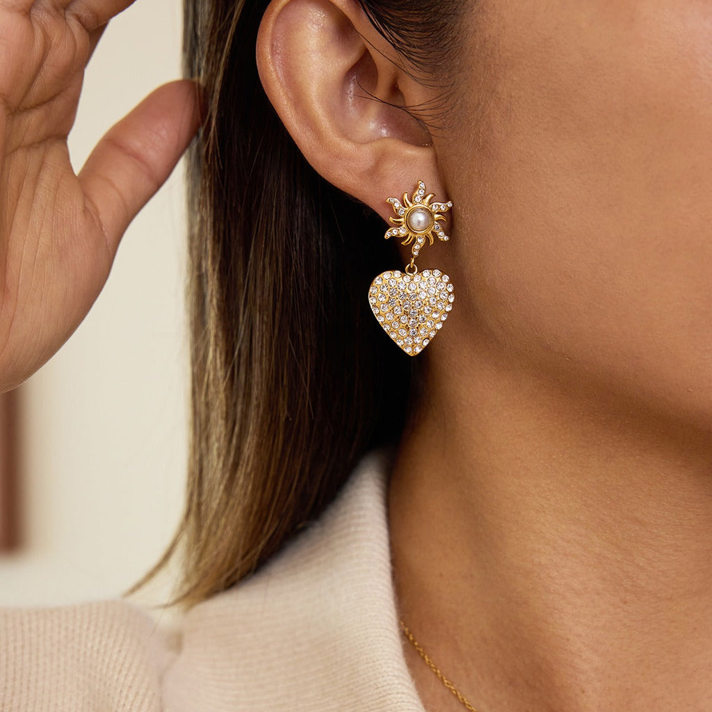18K Gold-Plated Heart Pearl Stud Earrings with Rhinestone Accents