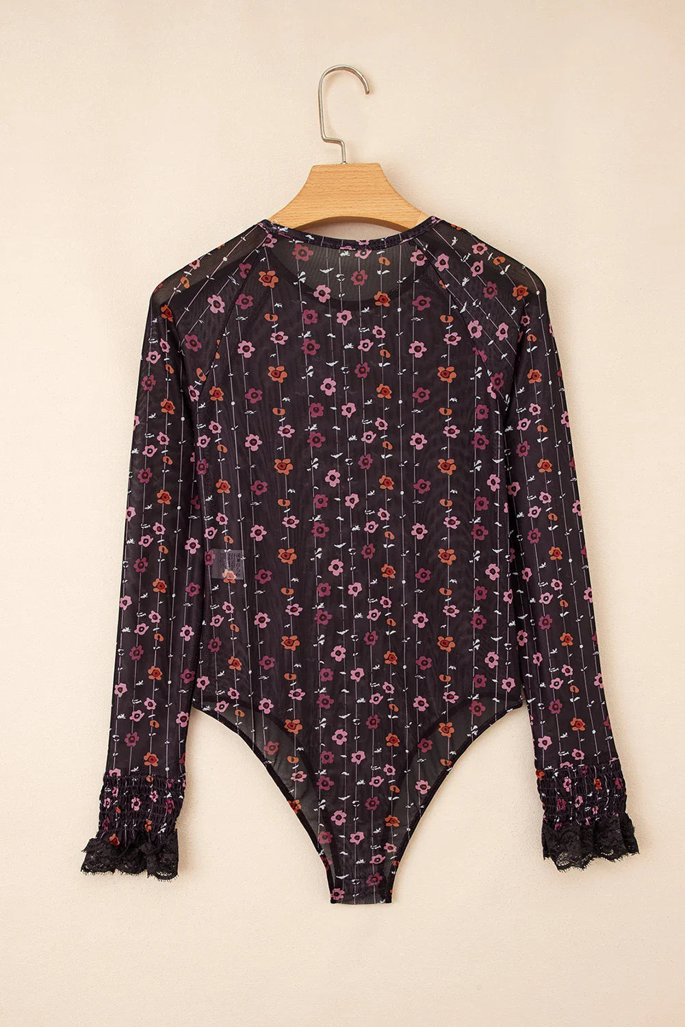 Black Floral Mesh Bodysuit with Smocked Cuffs
