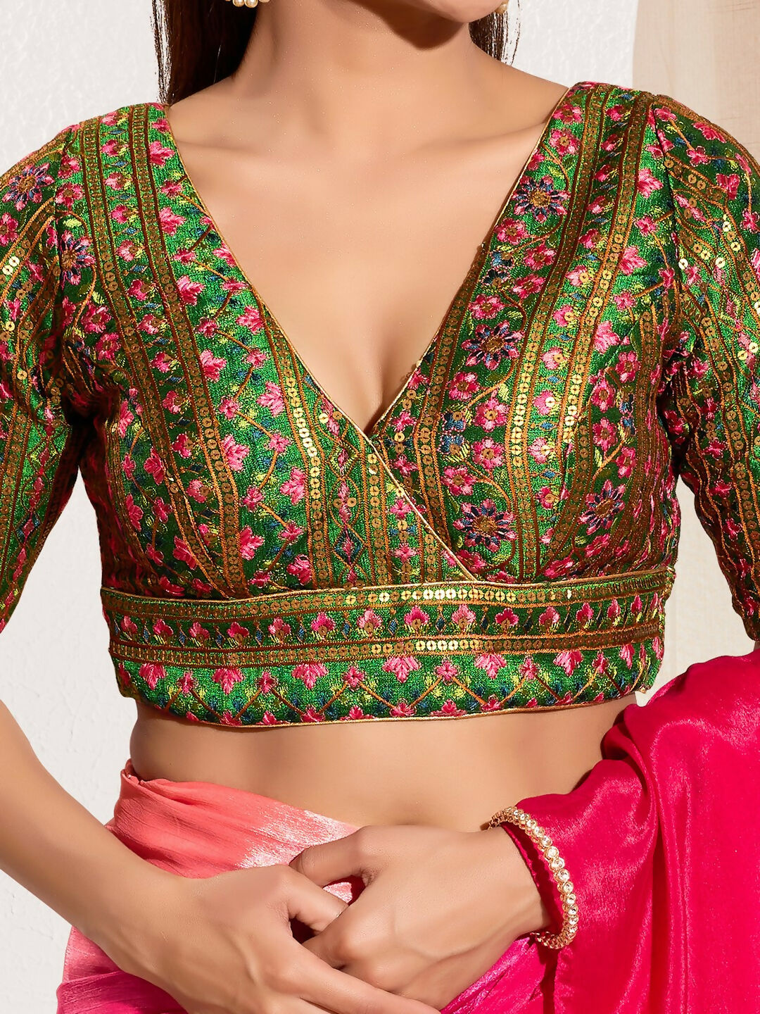 Bottle Green Mulberry Silk Padded Blouse with V-Neck