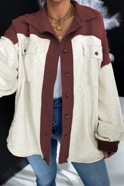 Contrast Collar Button-Up Utility Jacket with Pockets