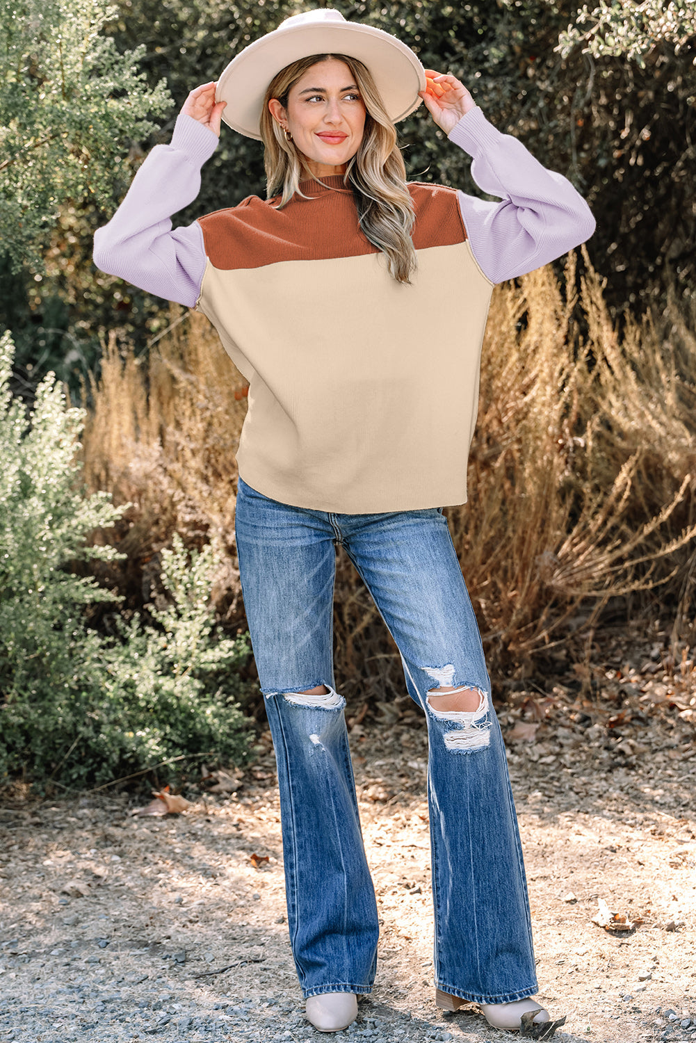 Colorblock Ribbed Knit Long Sleeve Sweater