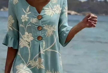 Women's Light Blue Palm Tree Print V-Neck Midi Dress with Ruffles - Image 3