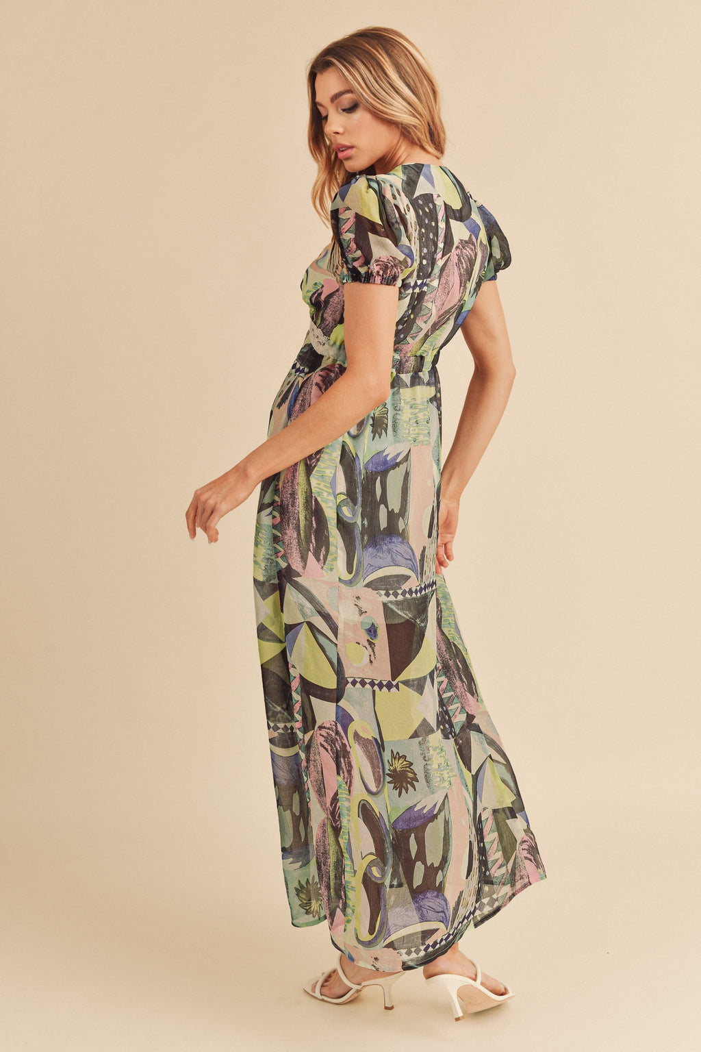Geometric Print Chiffon Maxi Dress with Lace Slit Detail