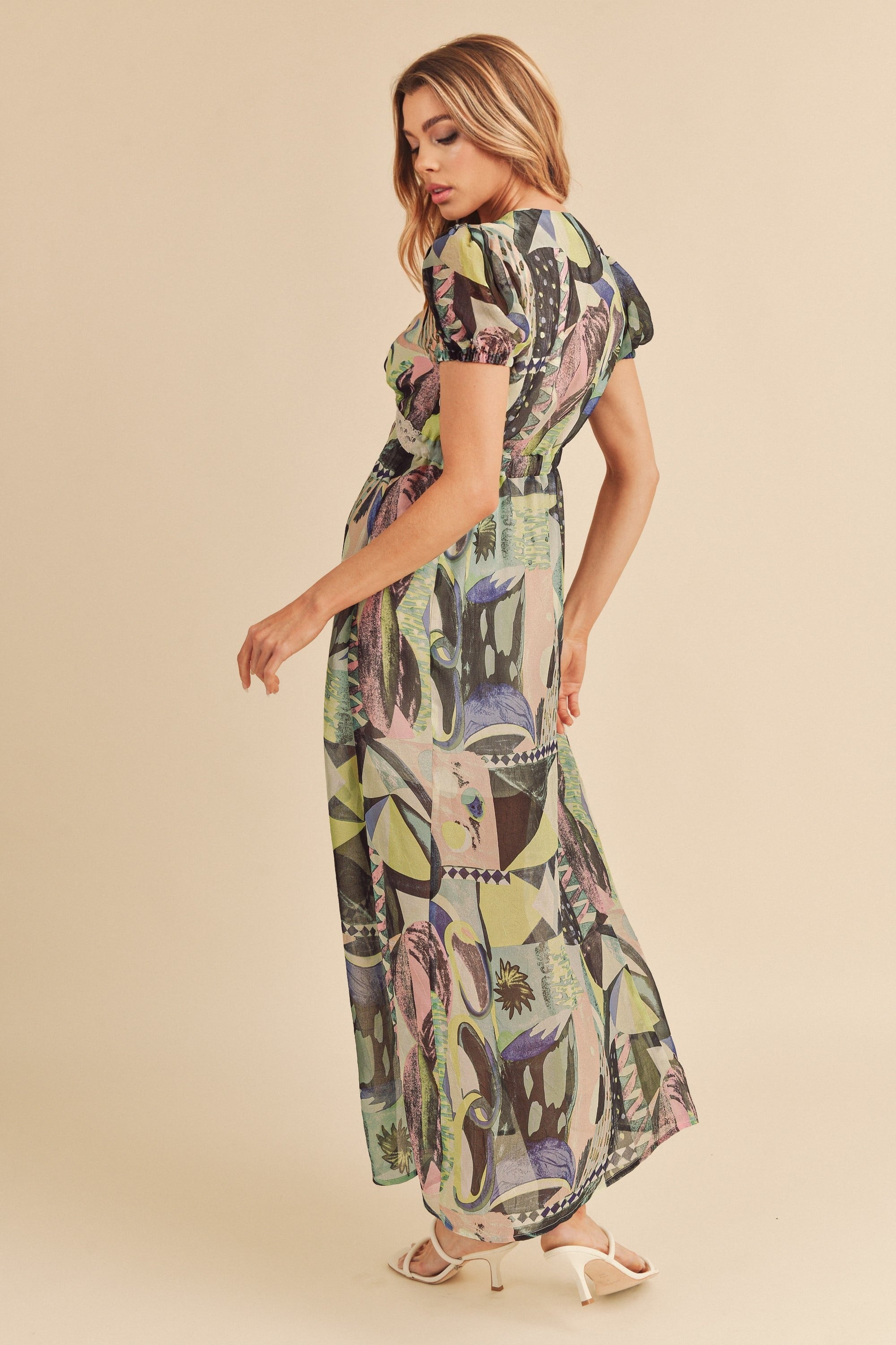 Geometric Print Chiffon Maxi Dress with Lace Slit Detail
