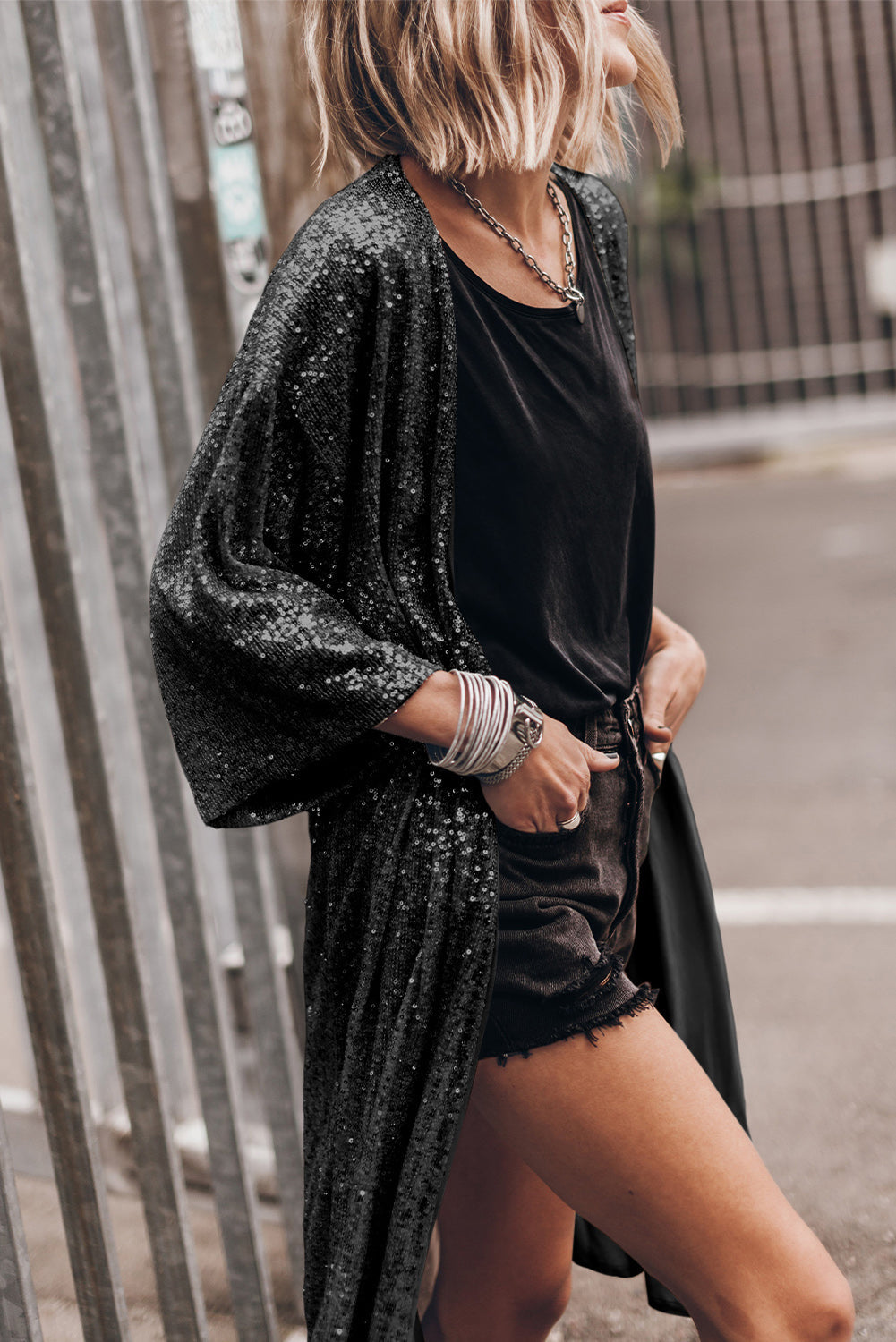 Sequin Open Front Duster Cardigan | Sheer Sparkle
