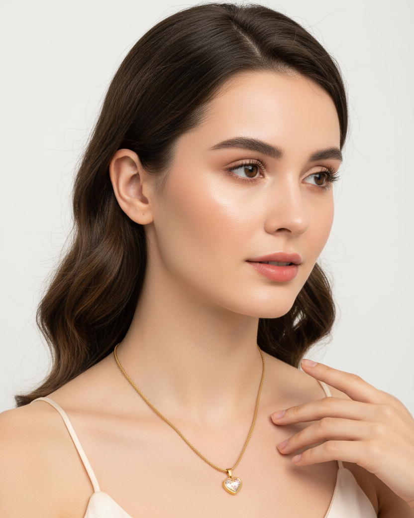 Woman wearing a gold necklace with a heart pendant on a plain background