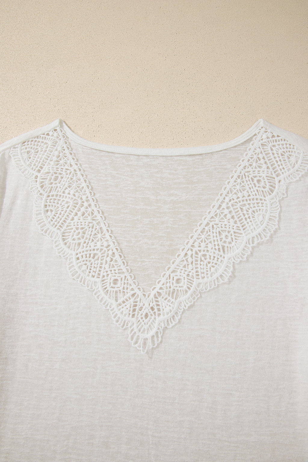 White Solid Hollowed Lace Trim V-Neck T-Shirt