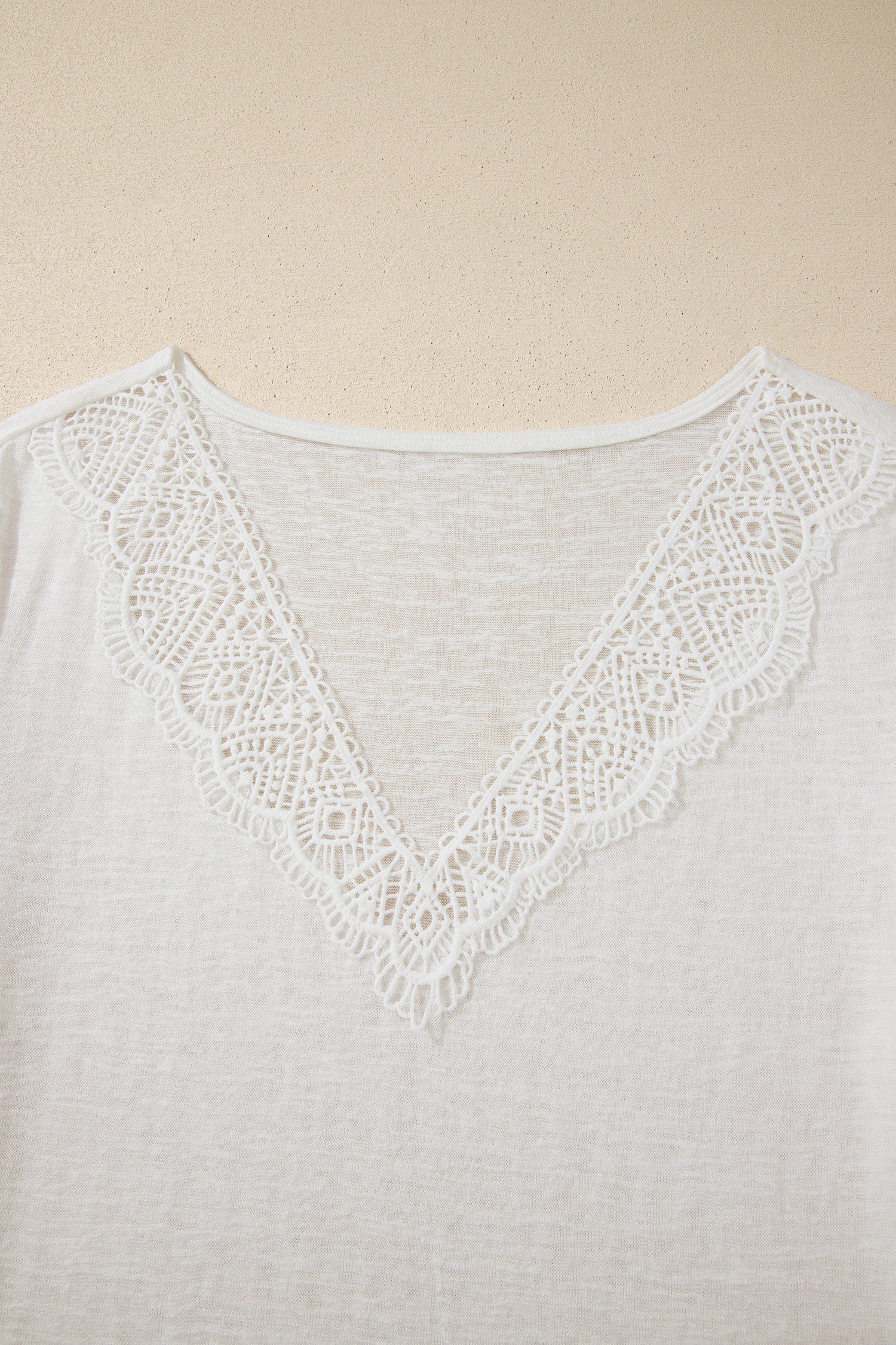White Solid Hollowed Lace Trim V-Neck T-Shirt