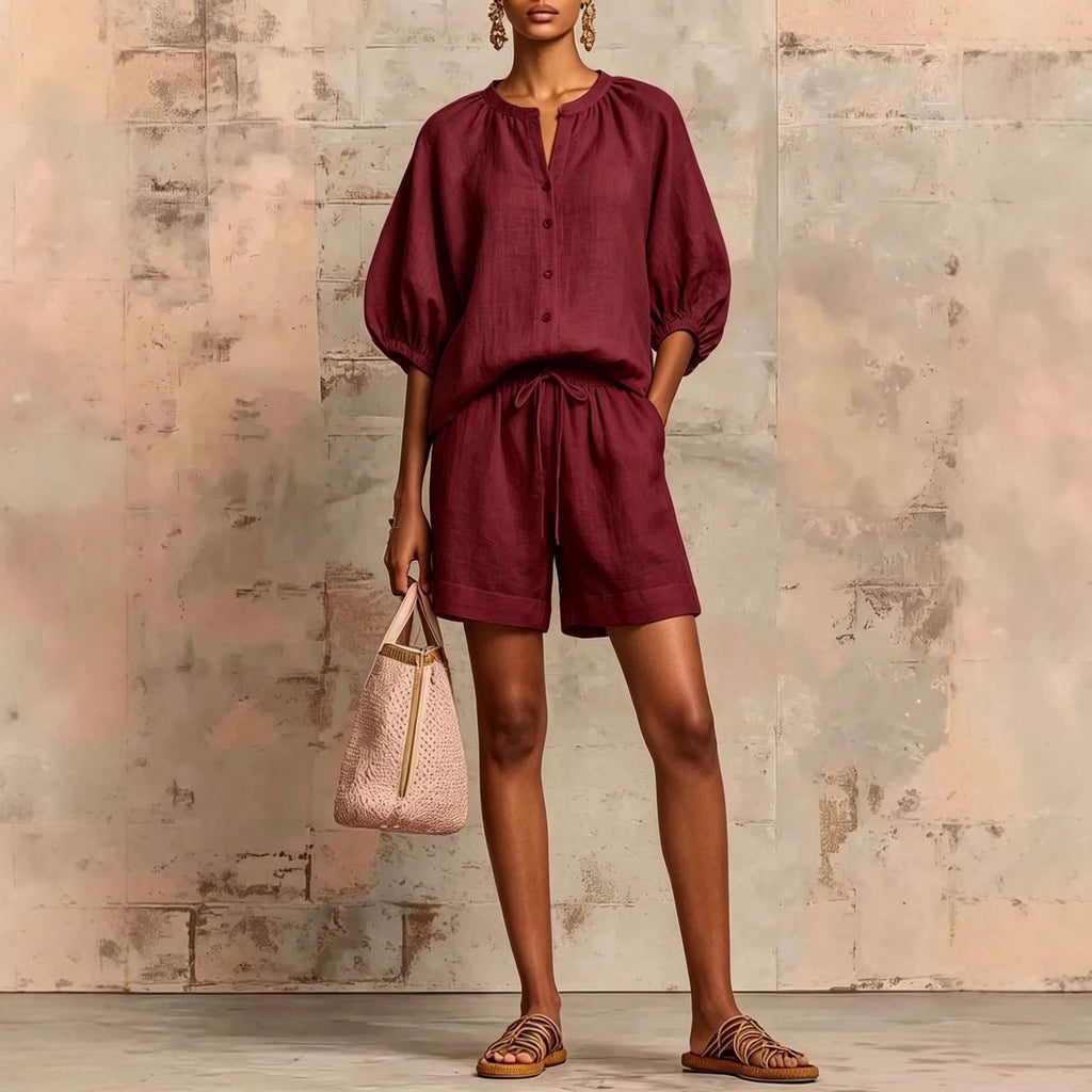 Women's Bubble Sleeve Button Down Top and Drawstring Shorts Set - Image 4