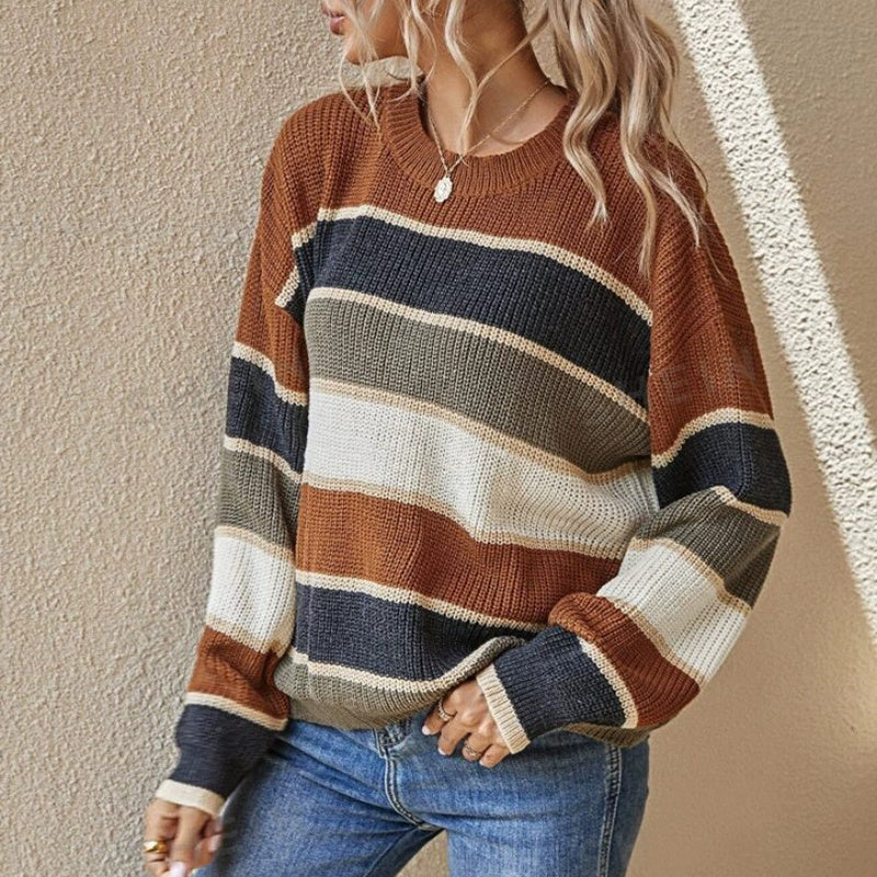 Women's Multi-Color Striped Crewneck Pullover Sweater - Image 2