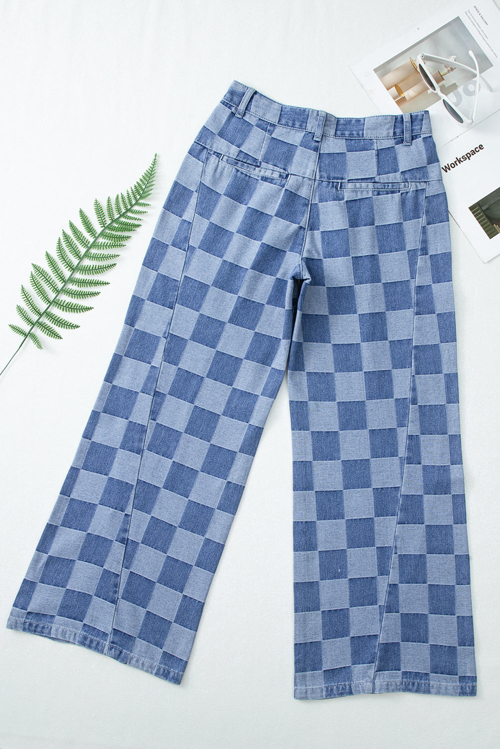 112 Dusk Blue Checkered Wide Leg Jeans | Light Wash