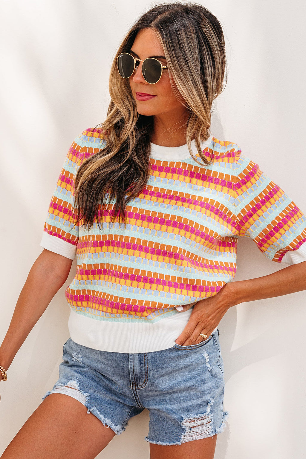 Bellamy Knit Short Sleeve Sweater Abstract Striped Crew Neck Top