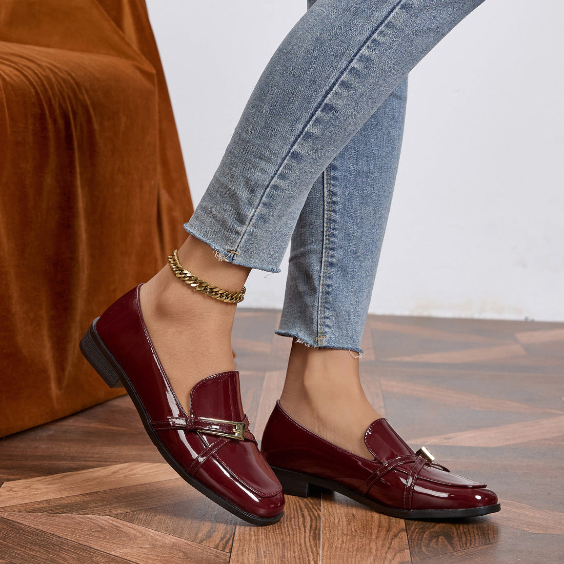 Women's Glossy Patent Leather Square Toe Loafers with Buckle