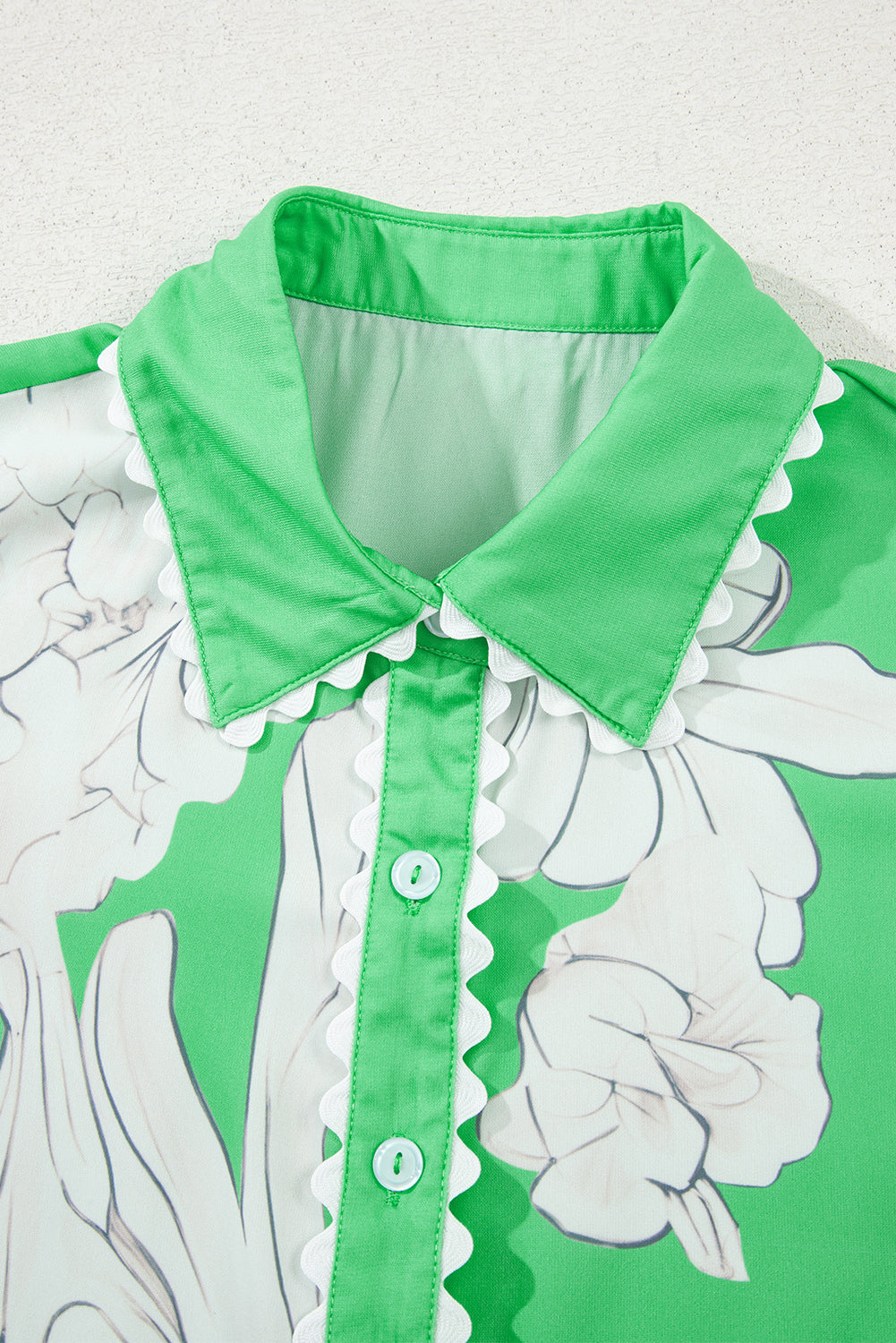 Floral Ric-Rac Edge Puff Sleeve Button-Up Shirt