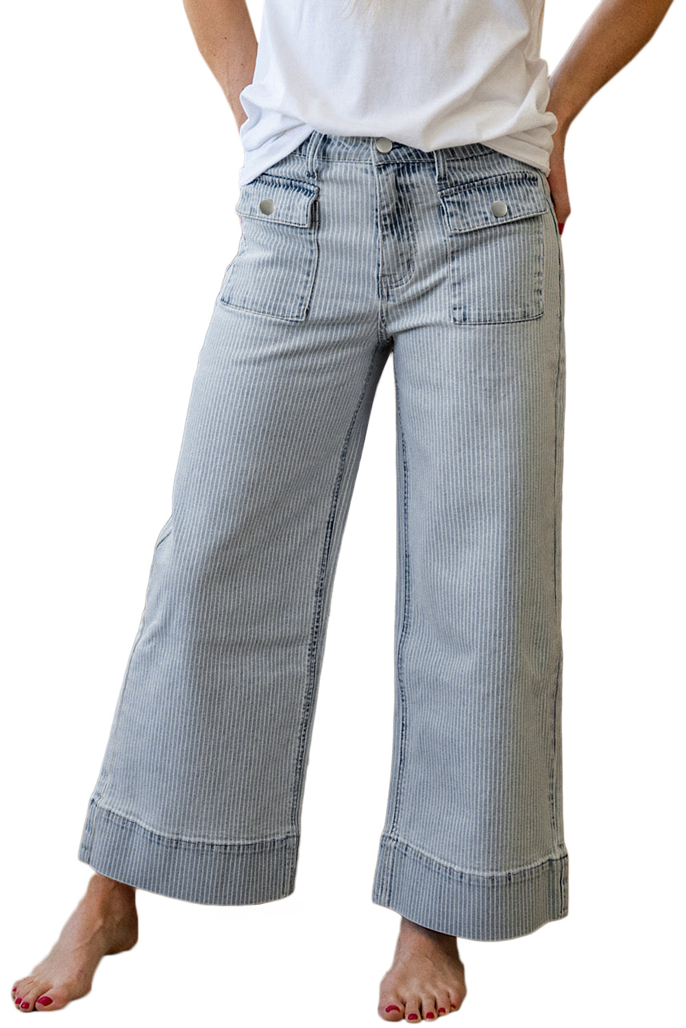 Sky Blue Striped Button Flap Pocket Cuffed Hem Wide Leg Jeans