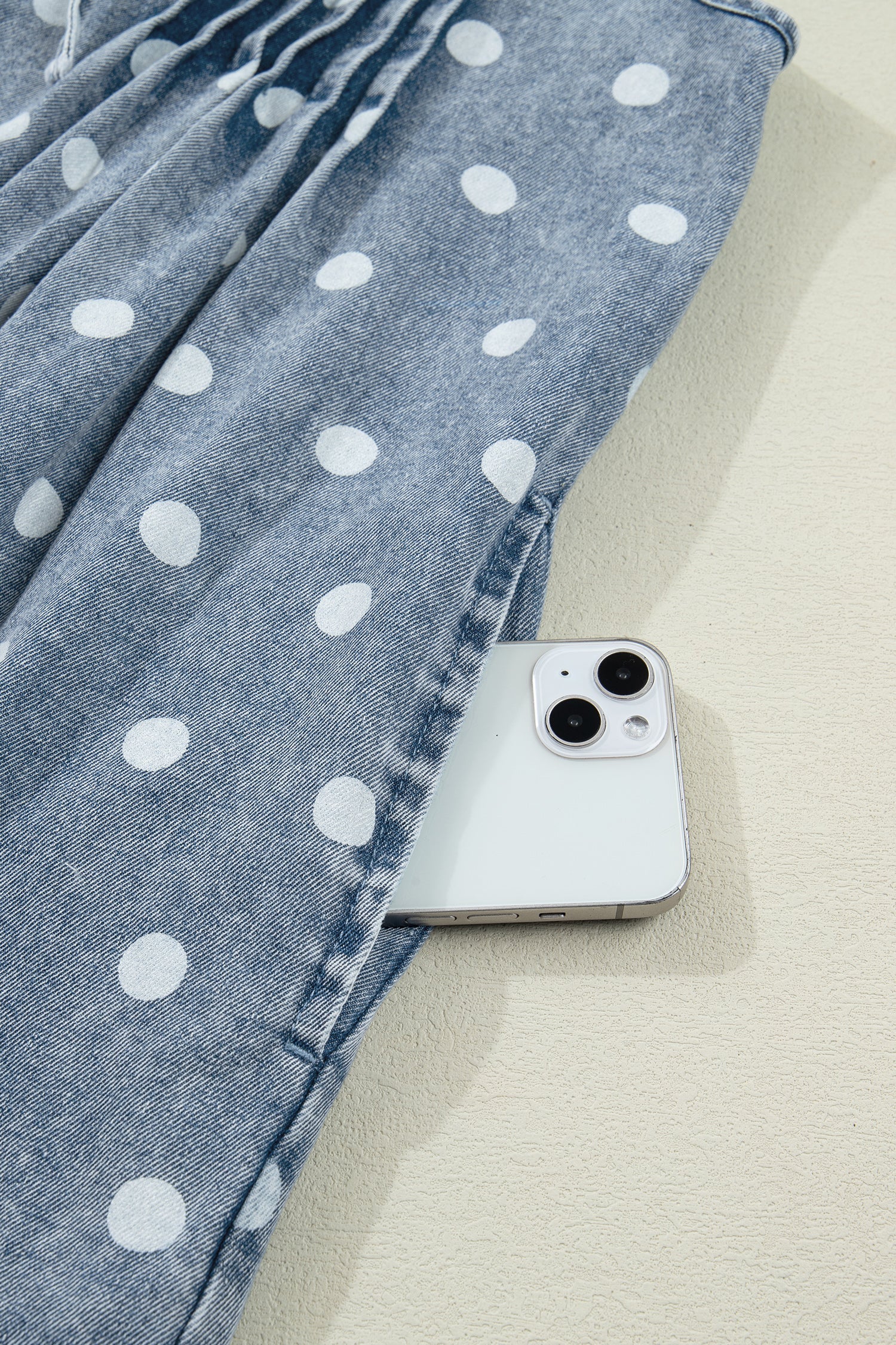 Lexi Tie Pleated Loose Romper in Blue Polka Dot Denim
