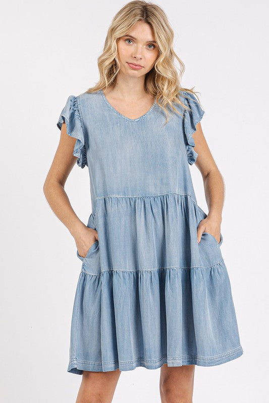 V-neck mini dress with ruffled cap sleeves in a feminine summer style