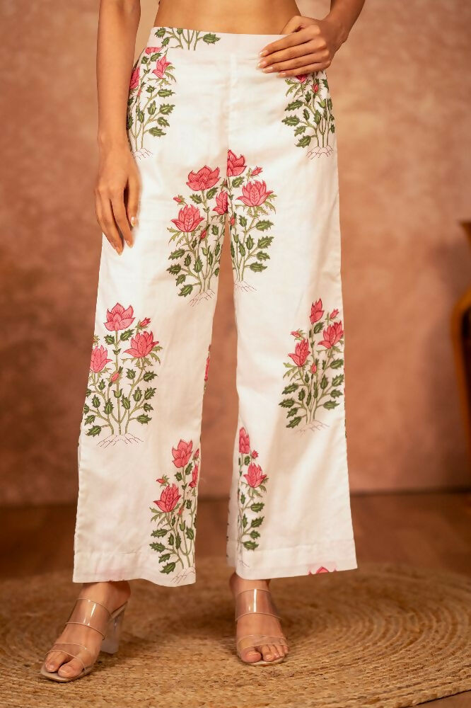 Off White Red Hand Block Printed Cotton Suit Set