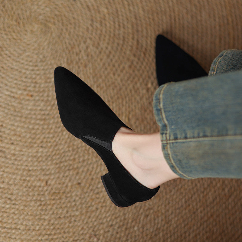 Women's Dark Brown Suede Pointed Toe Chunky Low Heel Pumps - Image 7