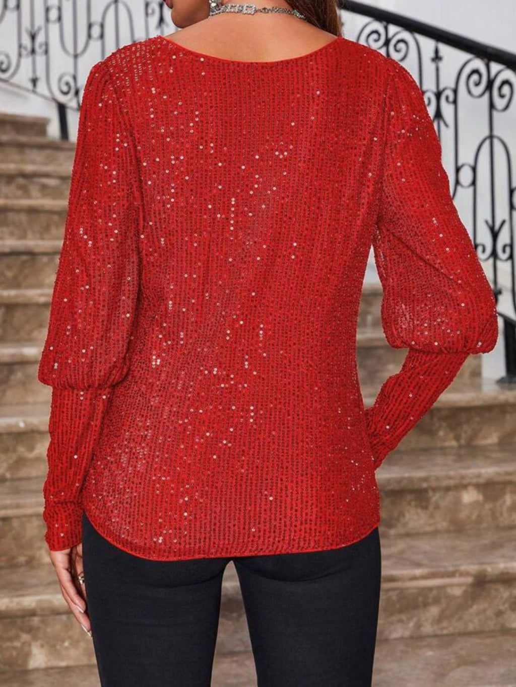 Women's Sequin Boat Neck Long Sleeve Top Elegant Party Blouse - Image 6