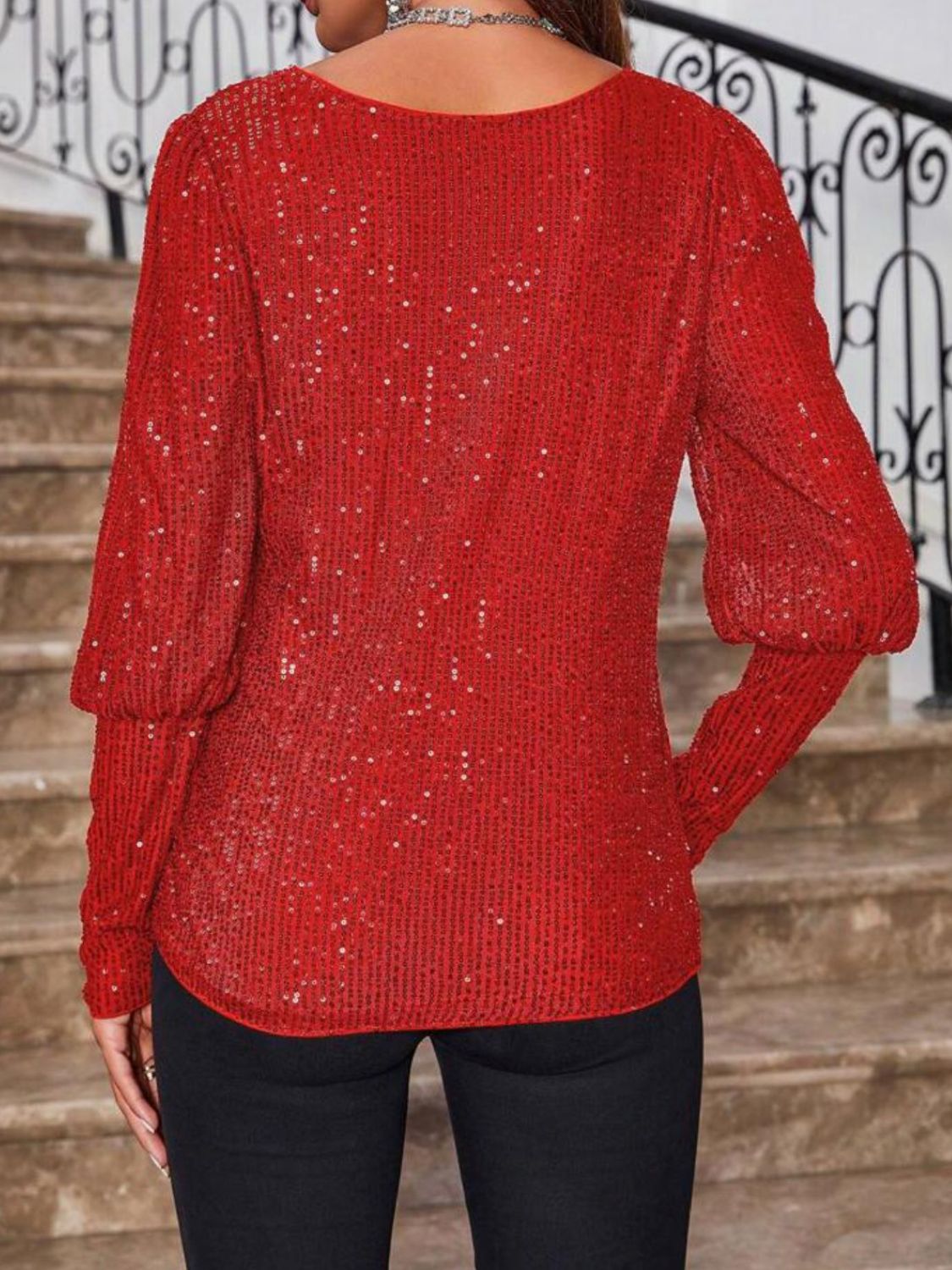 Women's Sequin Boat Neck Long Sleeve Top Elegant Party Blouse - Image 6